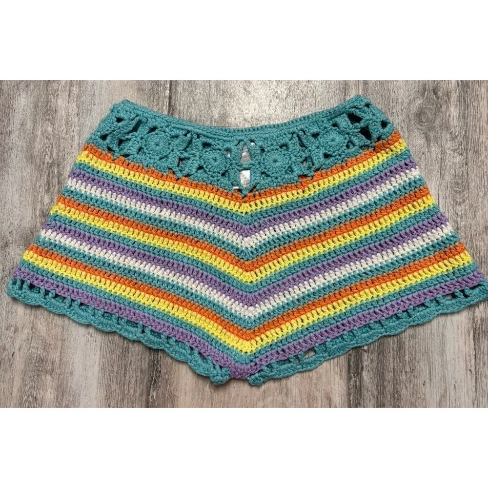 Coastal Boho Crochet Stripe Shorts Festival Beach Cover Up Small Beachy Colorful